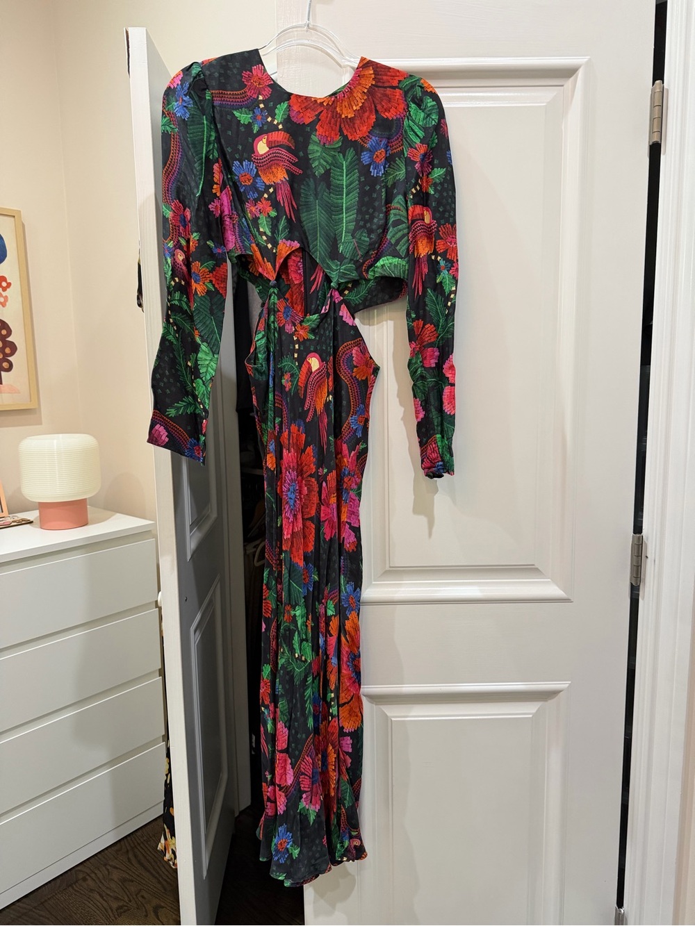 Farm Rio Cut Out Tropical Floral Midi Dress in Black with Red & Green Print